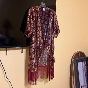 Women’s sheer cardigan, lularoe brand, copper/gold paisley w/fringe, size small